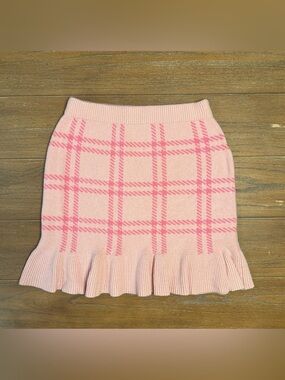miami Pink Plaid Knit Mini Skirt with Ruffle Hem